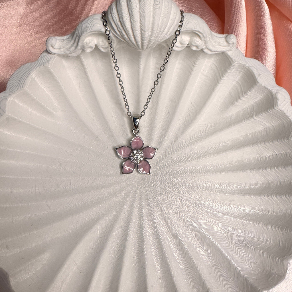 Sakura Pembe Çiçek Figürlü Taşlı Çelik Kolye Gümüş