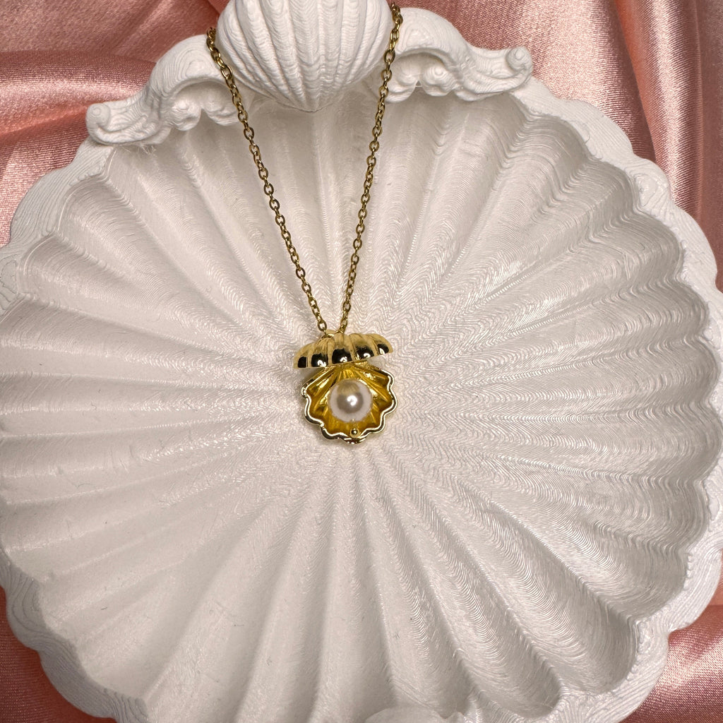 Pearl Kapaklı İnci Detaylı Çelik Kolye Gold